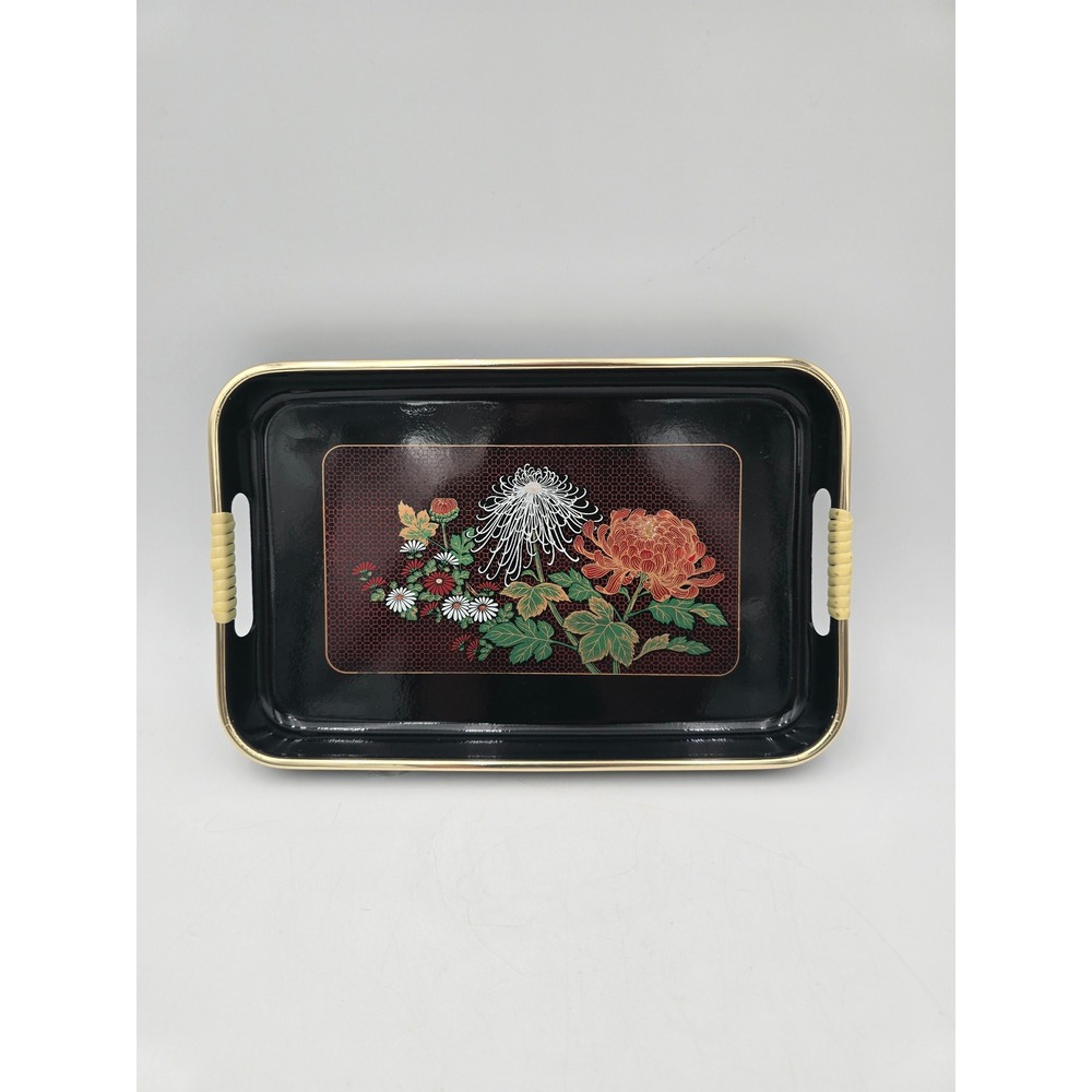 Vintage Japanese Lacquerware Serving Tray Black Gold Chrysanthemum Floral 11in